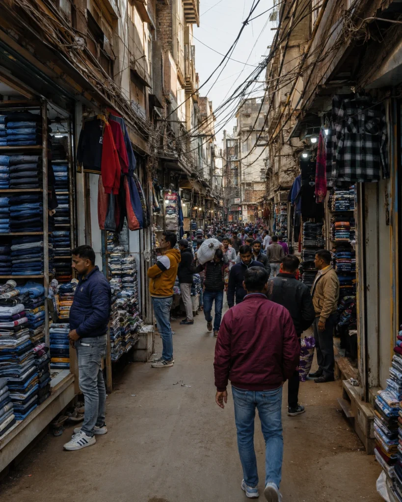Narrow lane inside Delhi's garment wholesale district showing dozens of specialized clothing shops