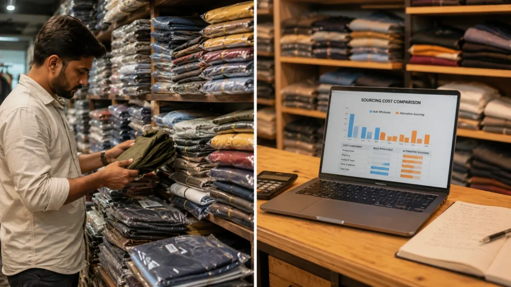 Business owner comparing bulk wholesale garment stock against sourcing costs on a laptop