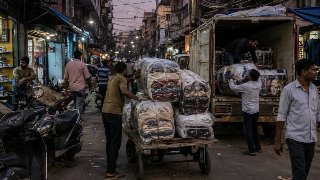 Loading scene outside a crowded Delhi market lane, workers stacking large plastic-wrapped clothing bales onto a handcart and small delivery truck, narrow street with parked scooters and tangled overhead wires, dusk lighting, realistic candid documentary style, no visible brand names, 16:9