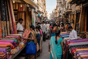 Vendors and shoppers browsing colorful fabric stalls at Pantheon Street Cloth Market in Chennai