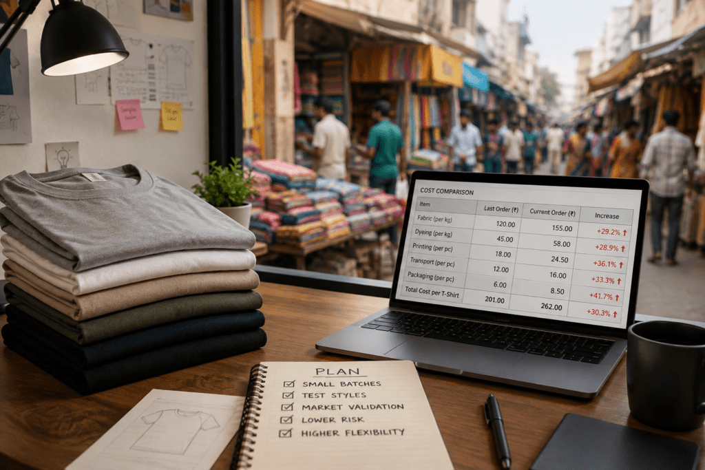 Startup team weighing the cost of branded merch against sourcing directly from a cloth market