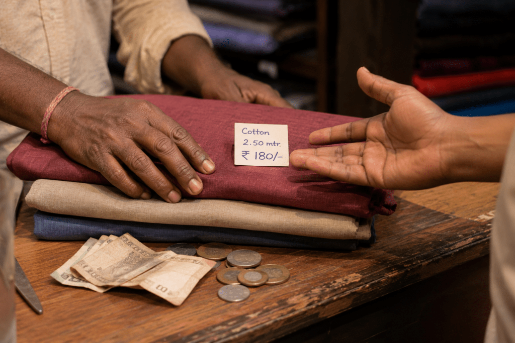 Buyer negotiating cotton fabric prices at a Chennai street cloth market stall