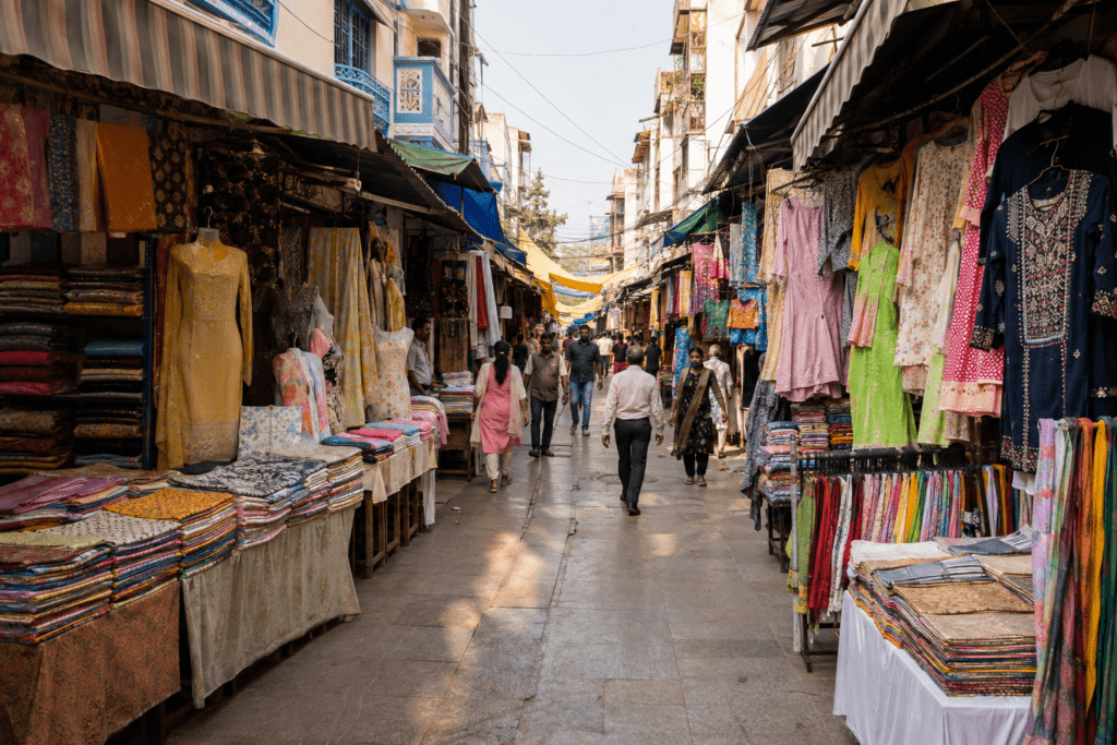 Wide view of the Pantheon Street Cloth Market lane with fabric and garment shops on both sides